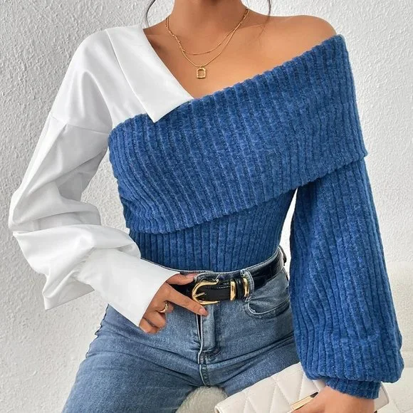 Color Block Asymmetrical Neck Lantern Sleeve Top black white - Picture 4 of 5